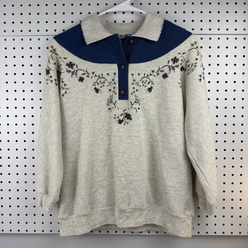 Vtg 90s Teddi floral sweatshirt S‎ cottagecore grannycore soft ribbed yoke